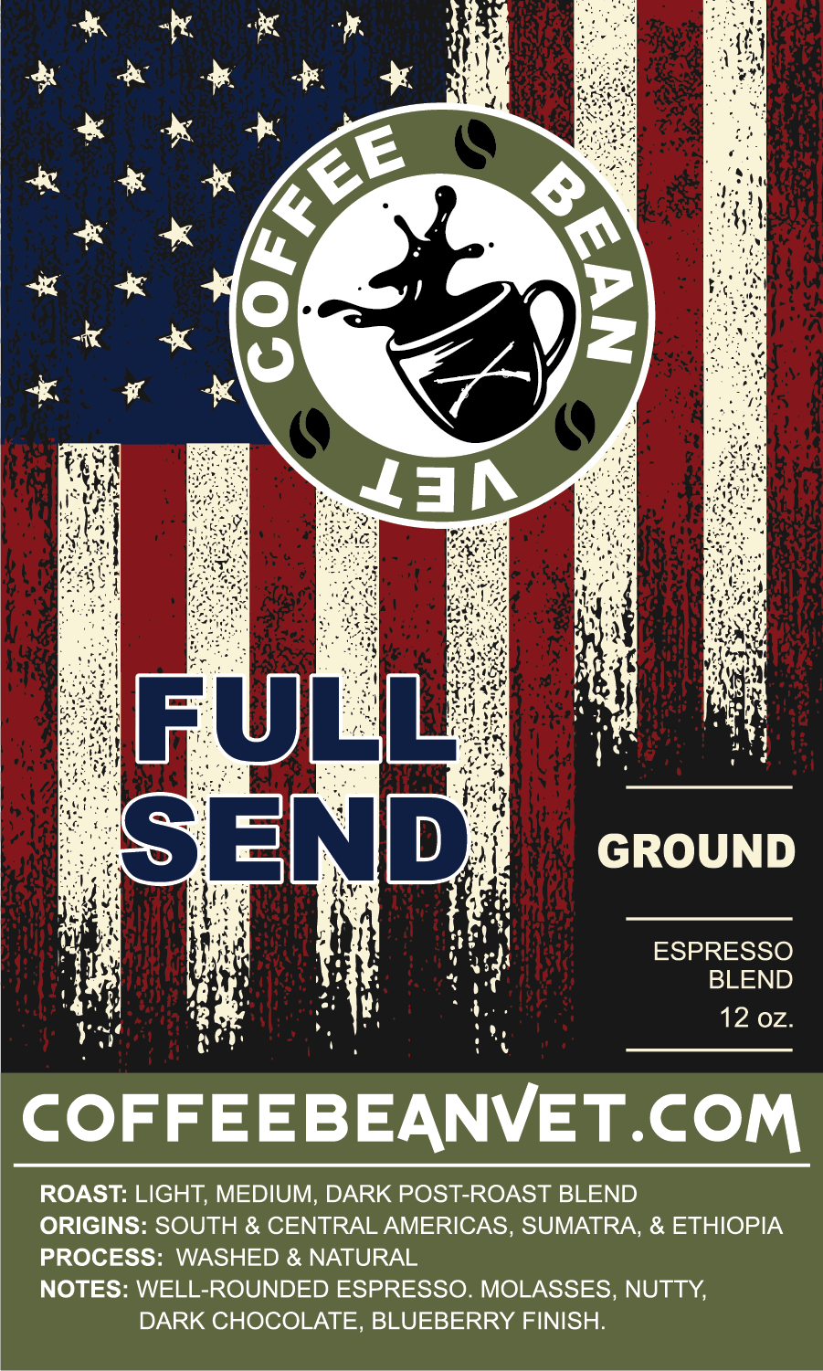 A package of Full Send Espresso Blend coffee with a patriotic-themed design featuring an American flag. The logo 'Coffee Bean Vet' is visible, along with the product details and origins of the beans.