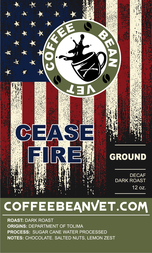 A package of 'Cease Fire - Decaf Dark Roast' coffee with an American flag background and the logo of The Coffee Bean Vet.