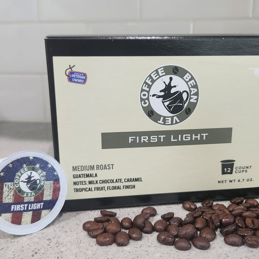 First Light medium roast Guatemalan coffee K-Cups, 12-count box, by veteran-owned Coffee Bean Vet