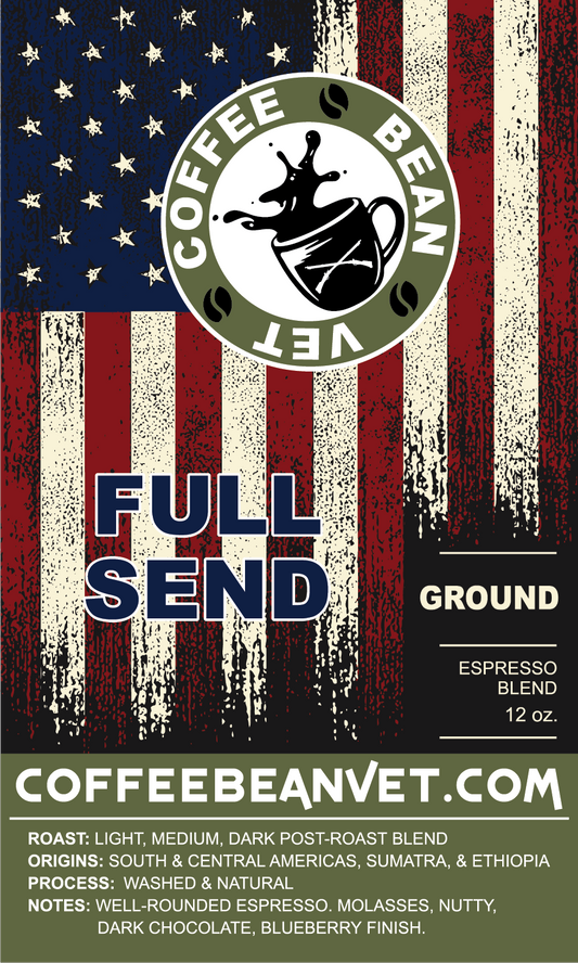 A package of Full Send Espresso Blend coffee with a patriotic-themed design featuring an American flag. The logo 'Coffee Bean Vet' is visible, along with the product details and origins of the beans.