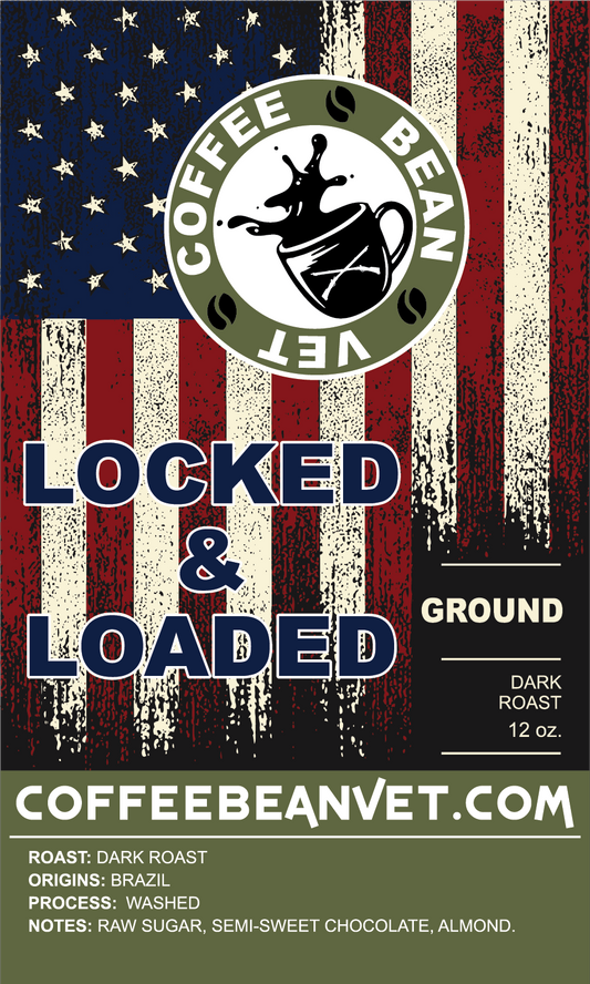 Locked & Loaded dark roast Brazil coffee bag by veteran-owned Coffee Bean Vet