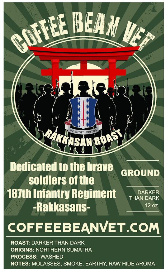 Rakkasan Roast darker than dark roast Sumatra coffee bag by veteran-owned Coffee Bean Vet, honoring the 187th Infantry Regiment